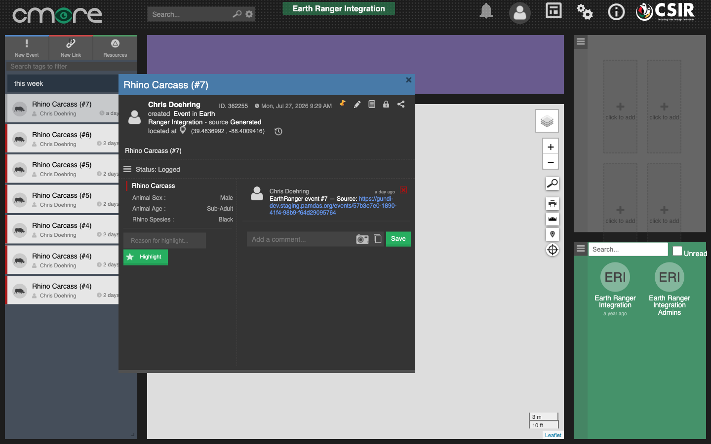 A delivered Rhino Carcass event in CMORE, with tag fields populated and a link back to EarthRanger