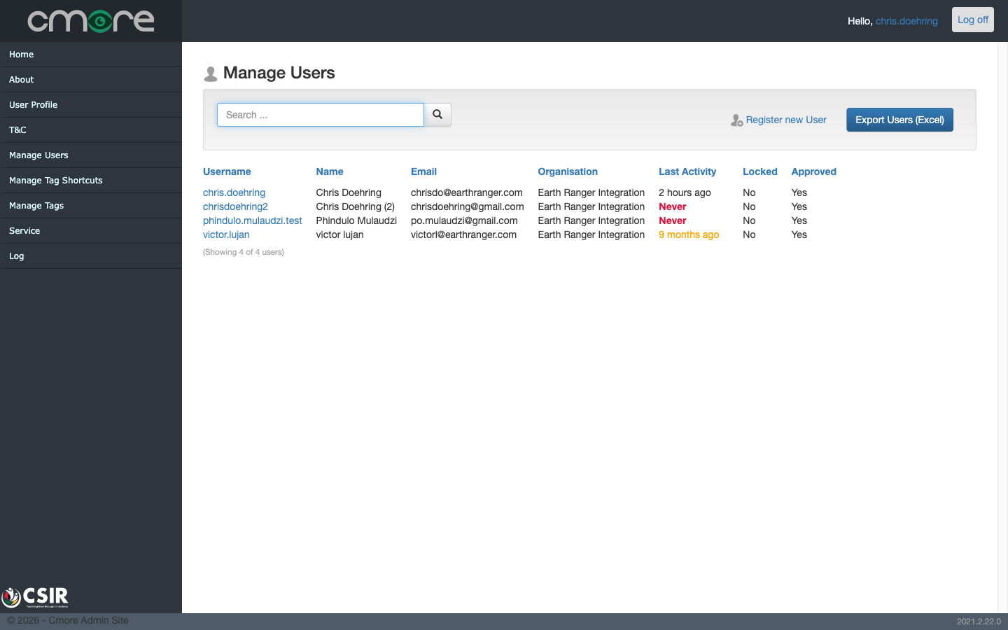 The Cmore Admin Site, Manage Users page