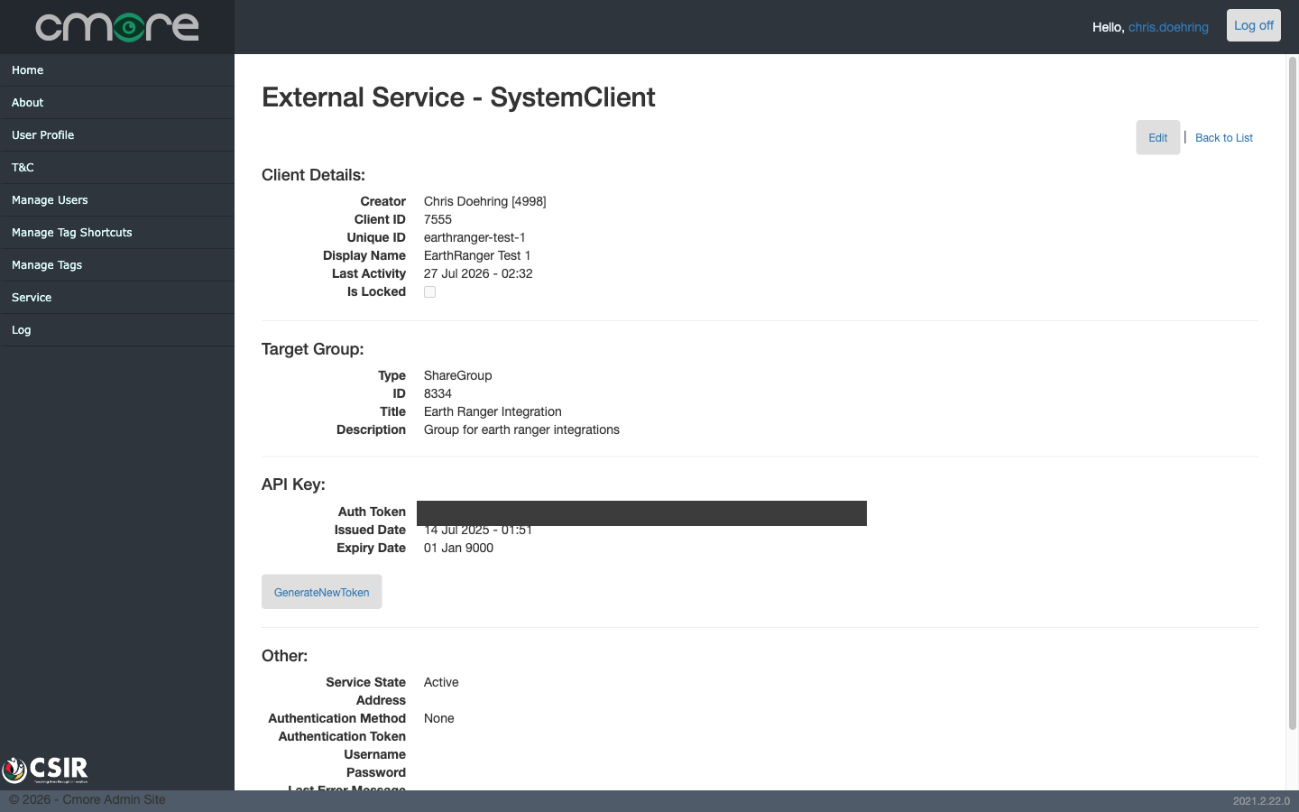 Service detail page with the Auth Token (redacted here) and the Target Group