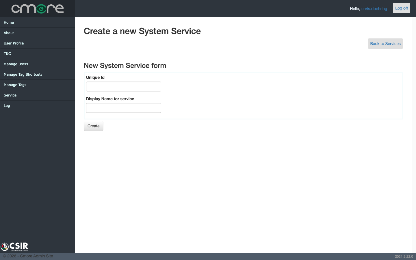 Create a new System Service form