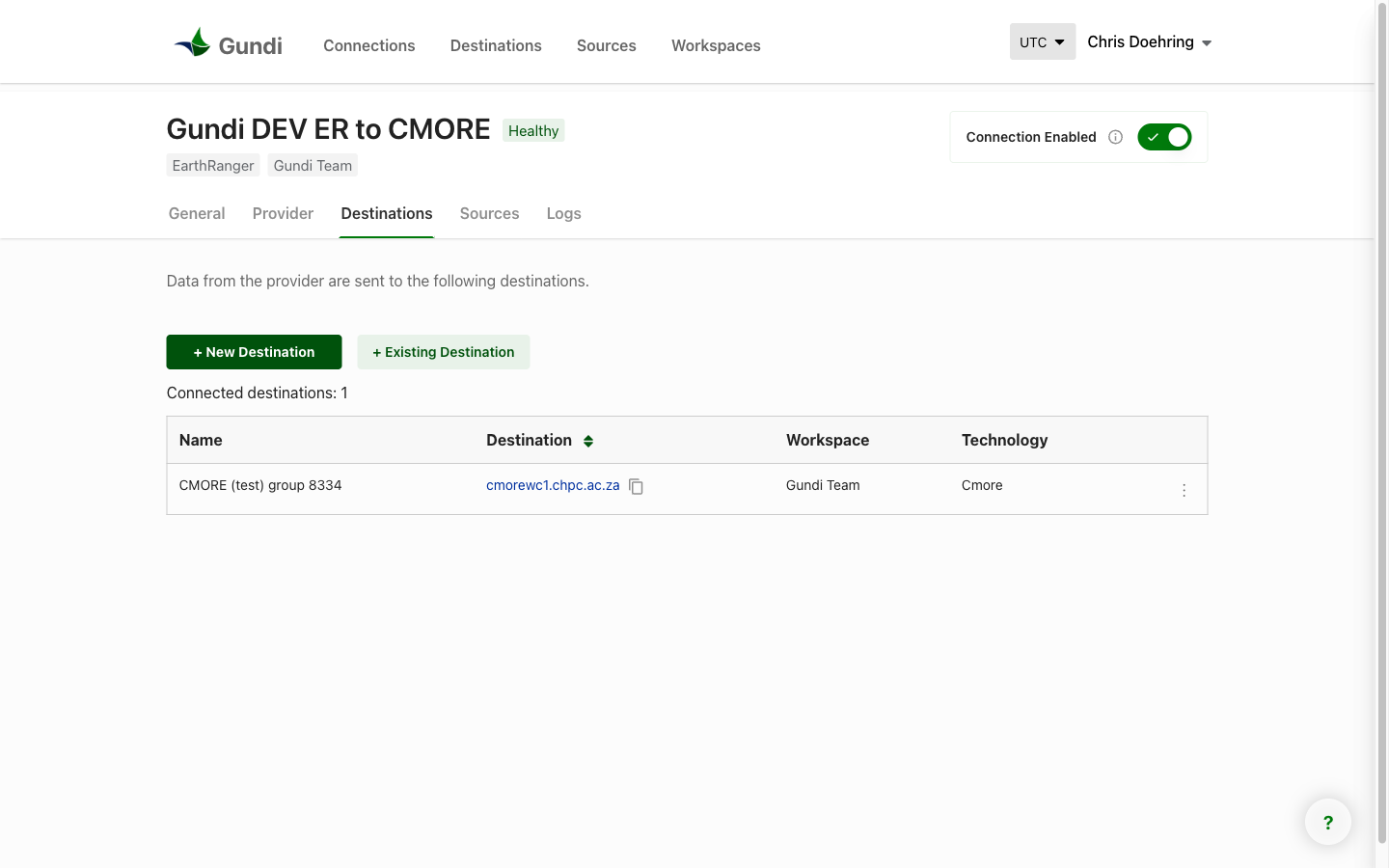 The connection's Destinations tab with the CMORE destination