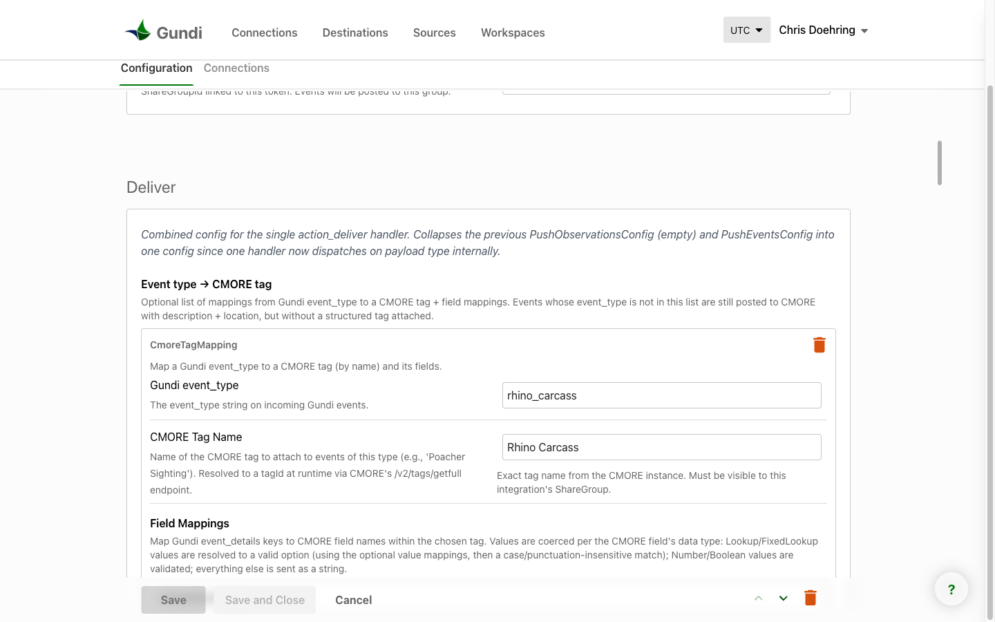 The rhino_carcass → Rhino Carcass mapping in the Deliver config