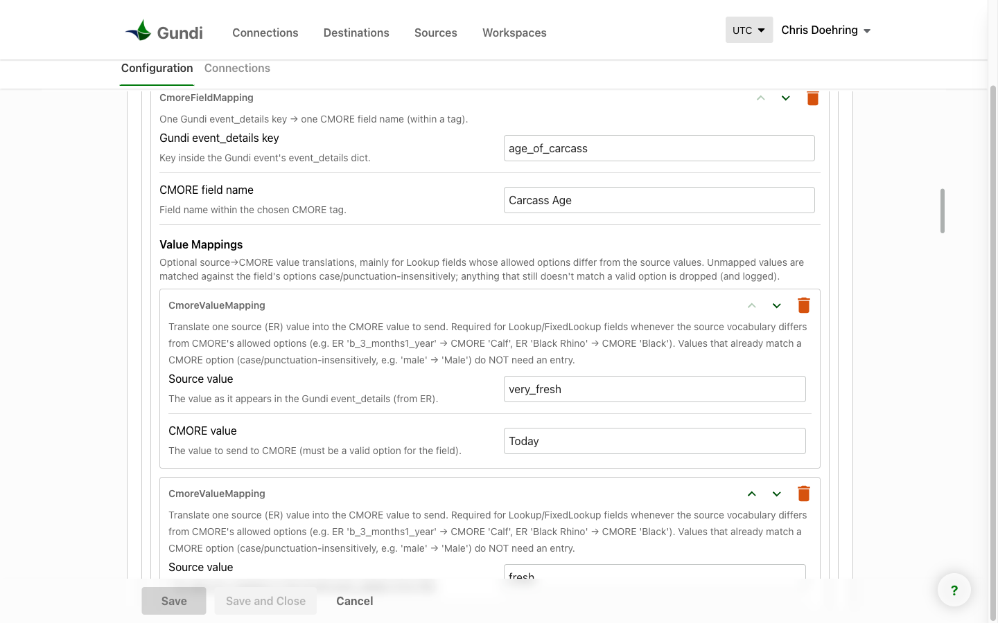 Value Mappings translating ER's carcass-age values into CMORE's options