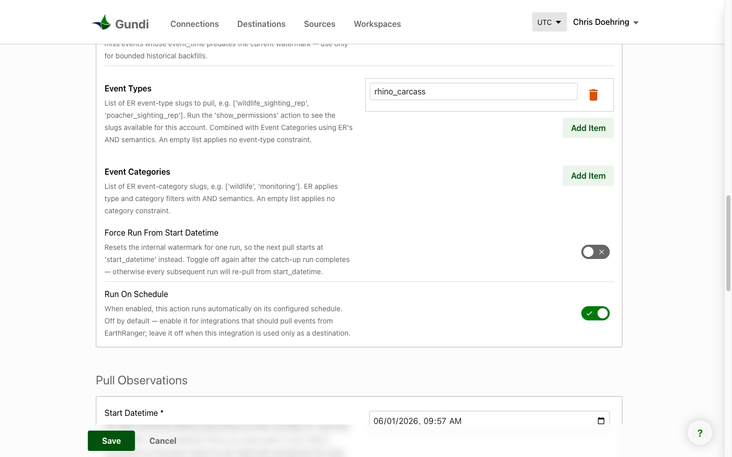 Pull Events: the event-type filter and Run On Schedule toggle